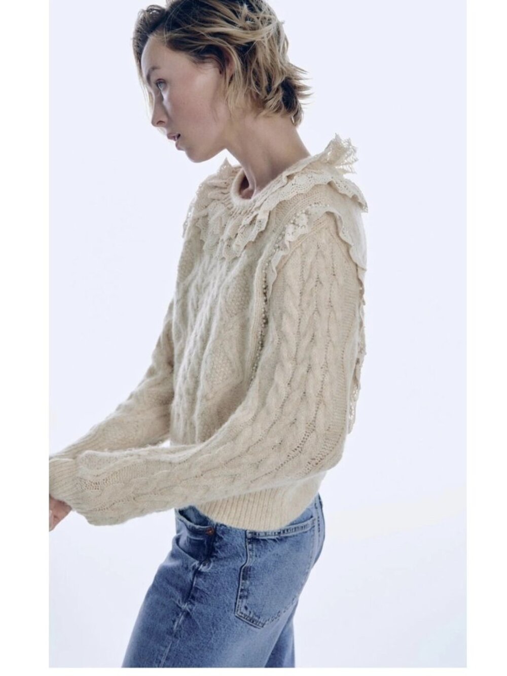 ZARA Lace Ruffle Cable Knit Beige Cropped Sweater With Pearl Trim Feminine Style